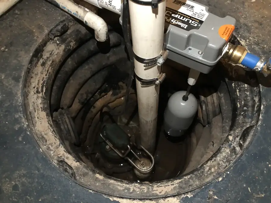 Submersible sump pump, float switch and discharge line installed in a sump pit